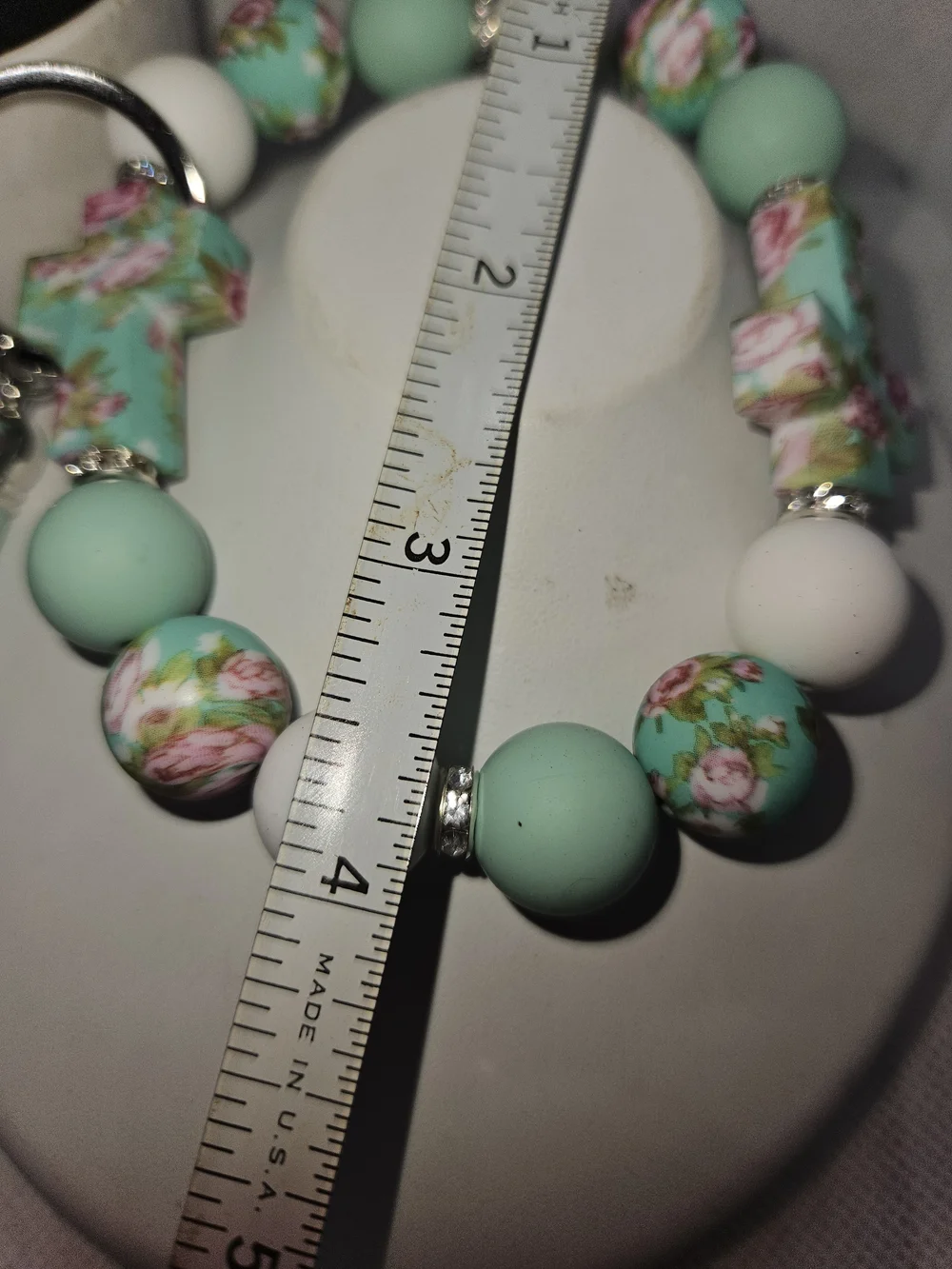 Mint & White Beaded Key Ring with Pink Tassel